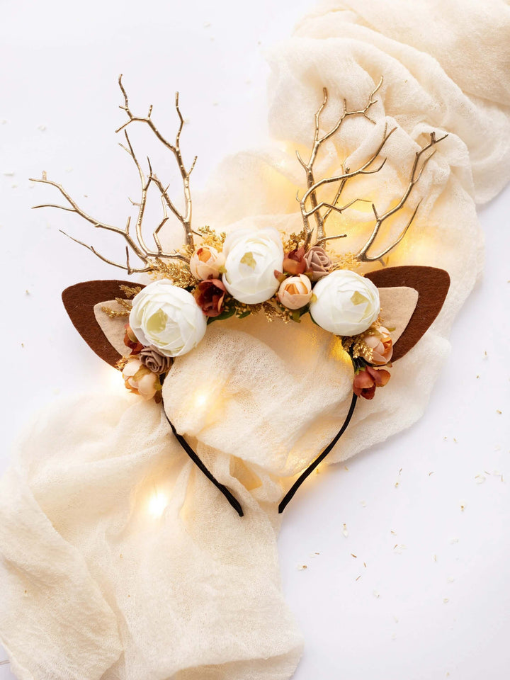 Świąteczna opaska na głowę w kształcie renifera – zakurzony i kremowy pączek róży