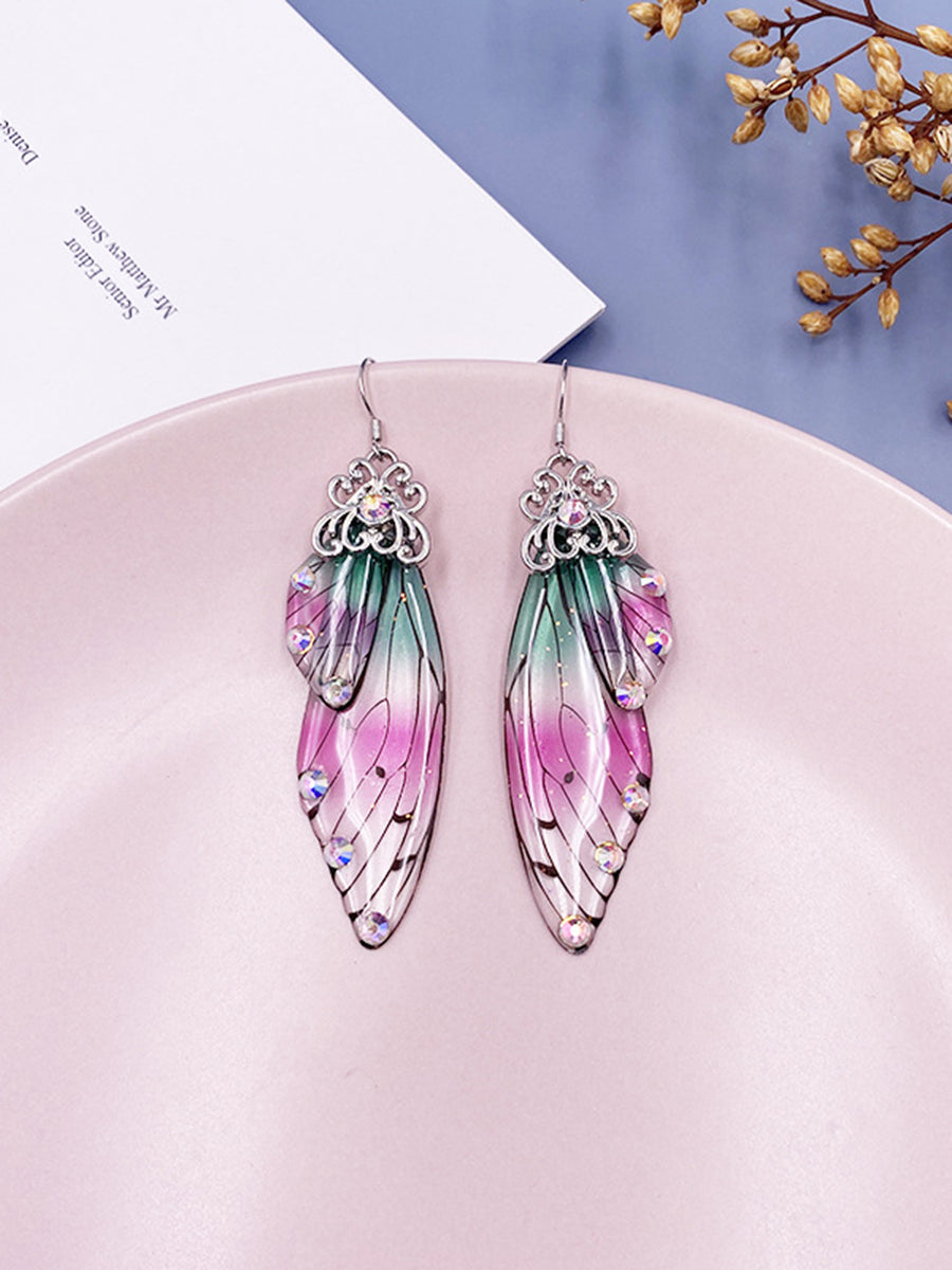 Boucles d'oreilles en cristal d'aile de cigale en strass irisé, aile de papillon