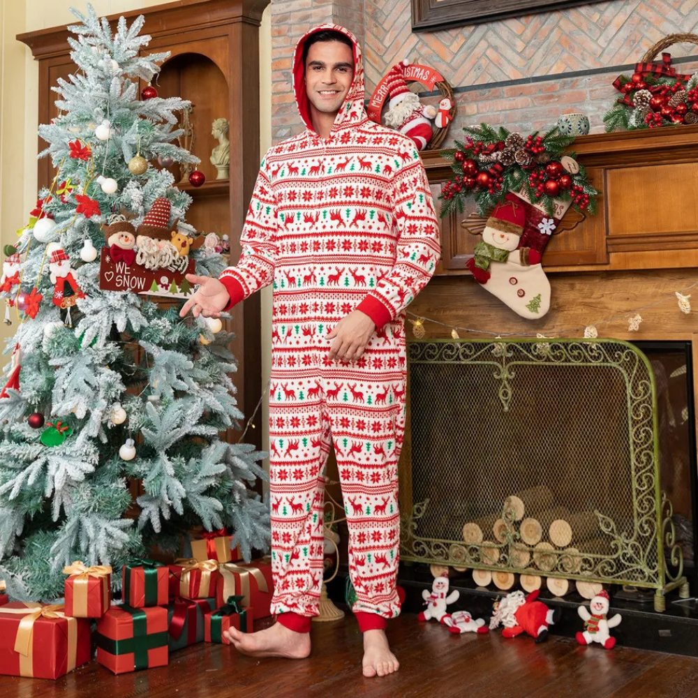 Pijama de uma peça com capuz e estampa de alce de Natal para pais e filhos combinando para a família