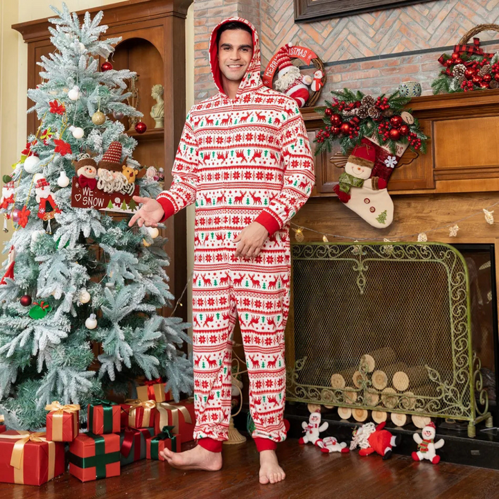 クリスマスヘラジカプリント親子ワンピースフード付きファミリーマッチングパジャマ