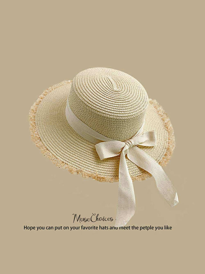 Ręcznie tkany beżowy kapelusz z kokardką, swobodny kapelusz przeciwsłoneczny
