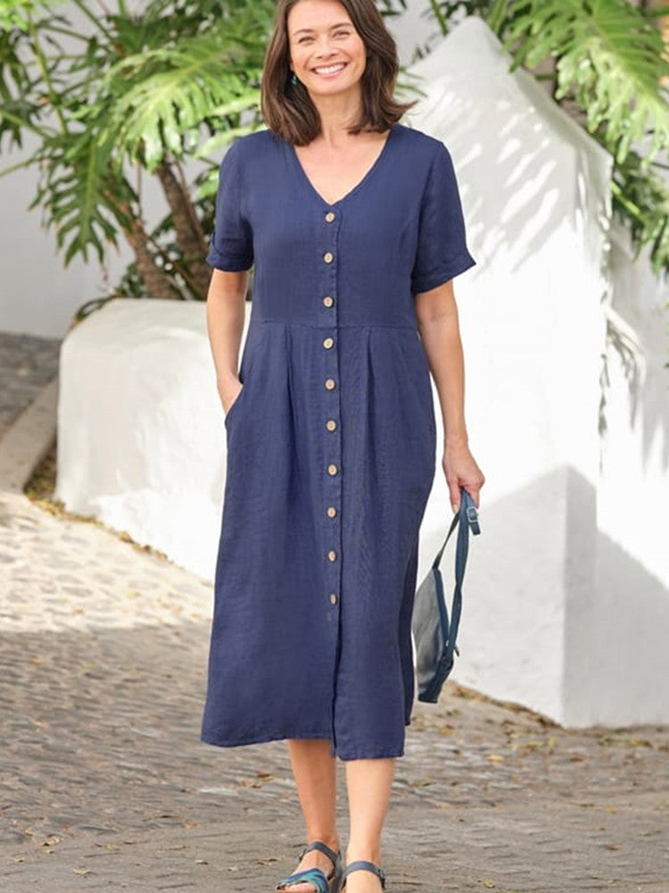 Linnen midi-jurk met V-hals, knoopsluiting en zak in marineblauw