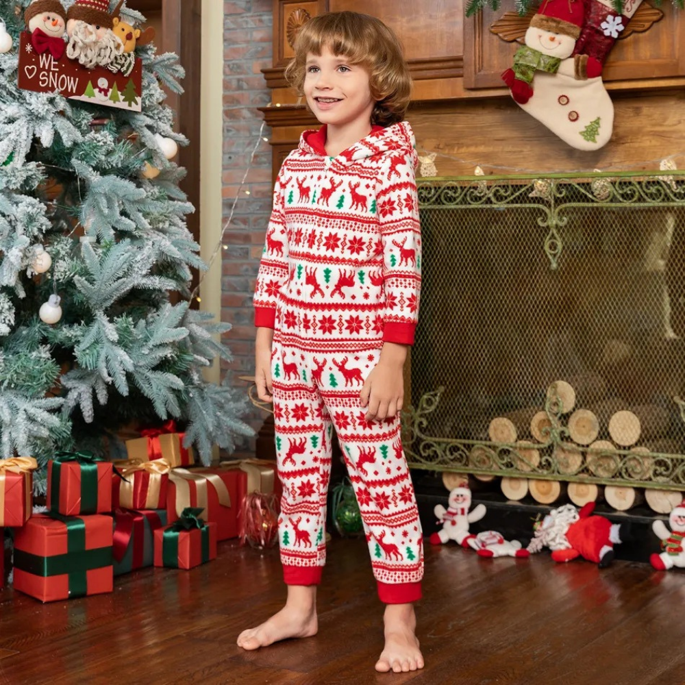Kerstelandenprint Ouder-kind Familie-bijpassende pyjama uit één stuk met capuchon