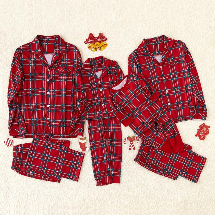 Conjuntos de pijamas a juego familiares con solapa a cuadros navideños