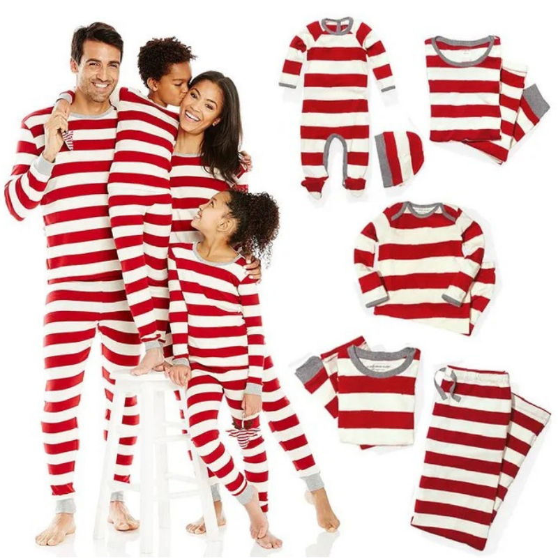 Set pigiama coordinato per la famiglia a righe bianche e rosse natalizie (con vestiti per cani)