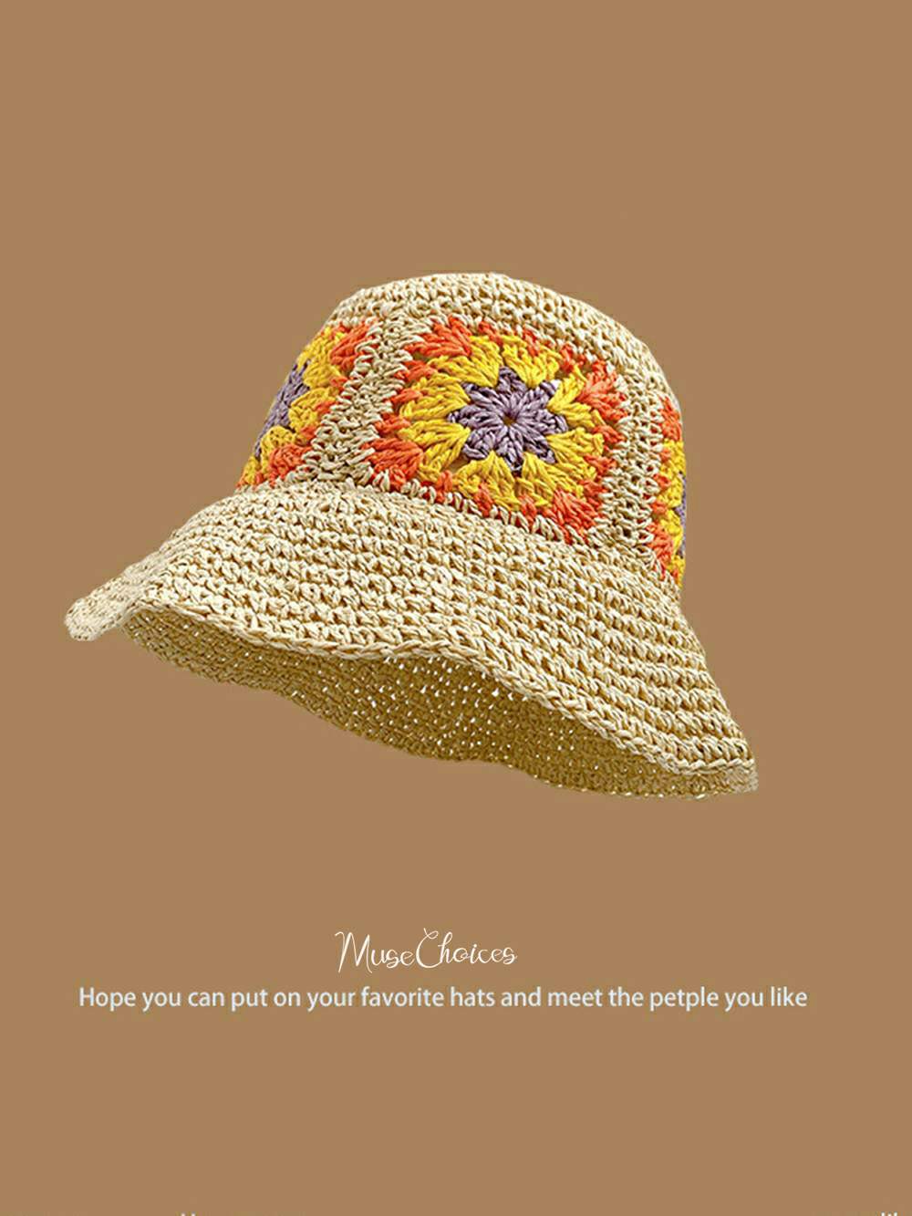 Chapéu de sol casual tecido à mão com girassol bege