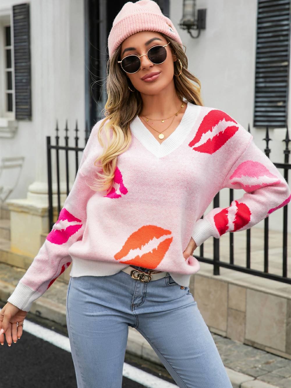 Lips of Love  V-Neck Knit Pullover Sweater