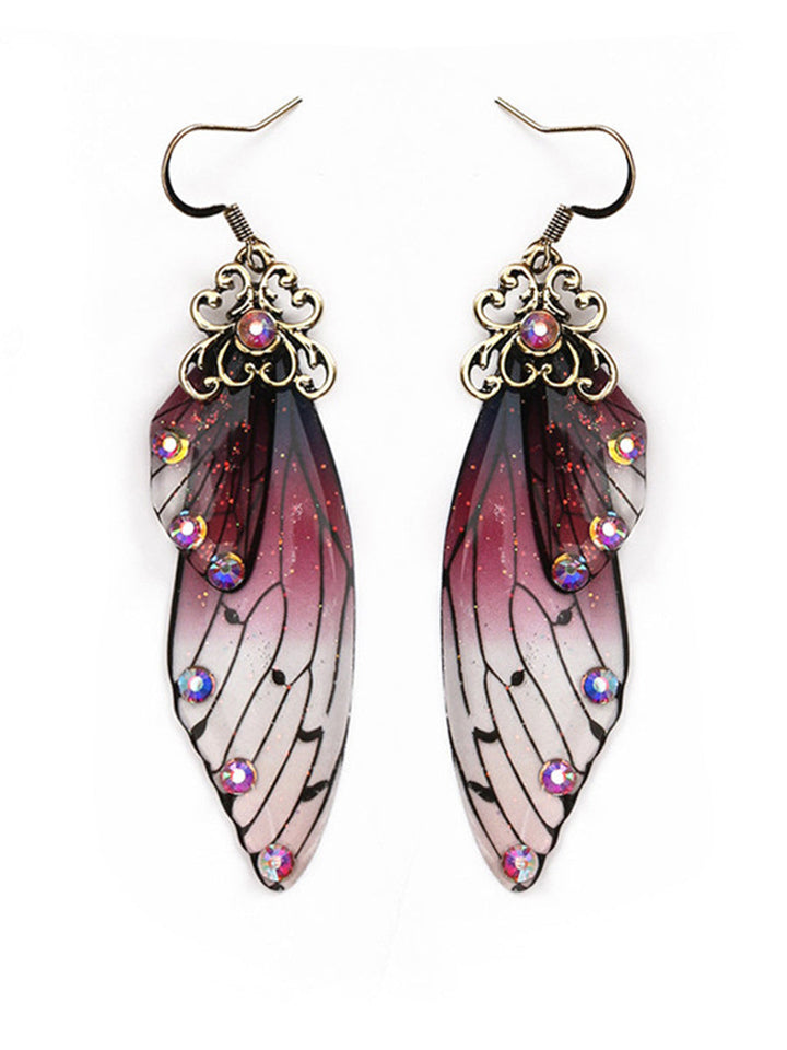 Boucles d'oreilles en cristal d'aile de cigale en strass violet, aile de papillon