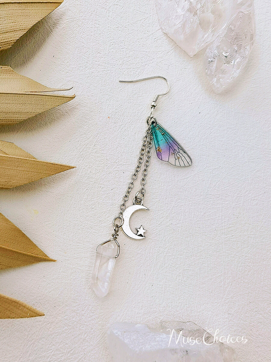 Pendientes Boho con borlas de cristal y luna con alas de mariposa