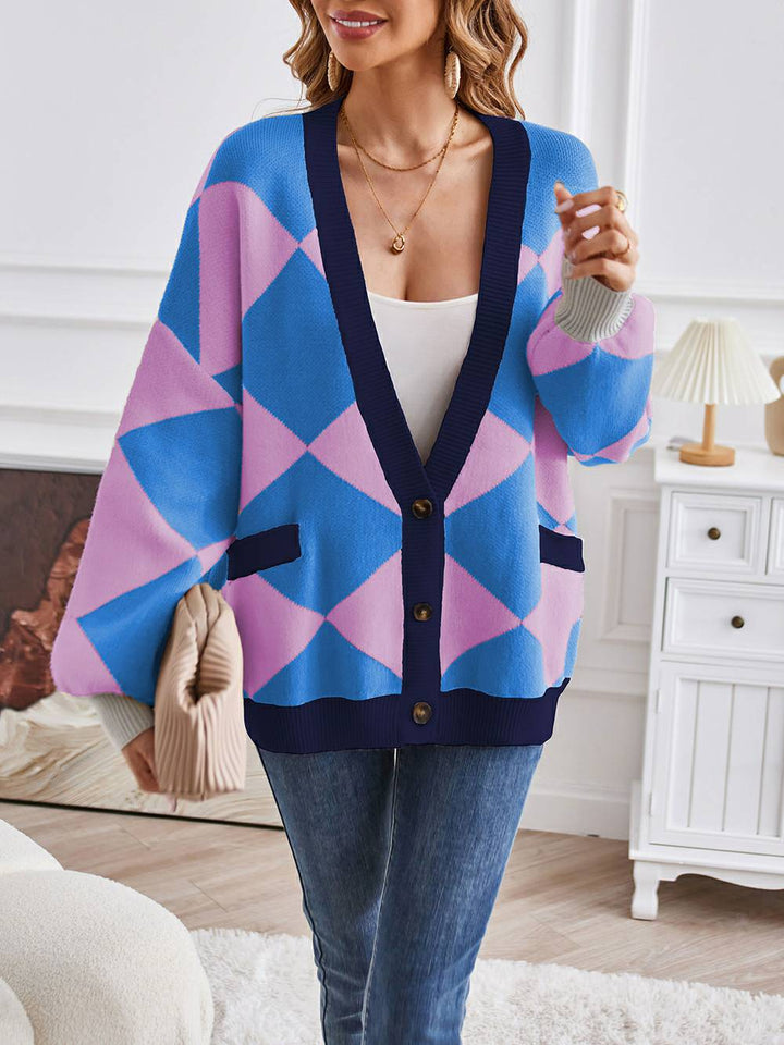 Cardigan in maglia a blocchi di colore geometrici con scollo a V