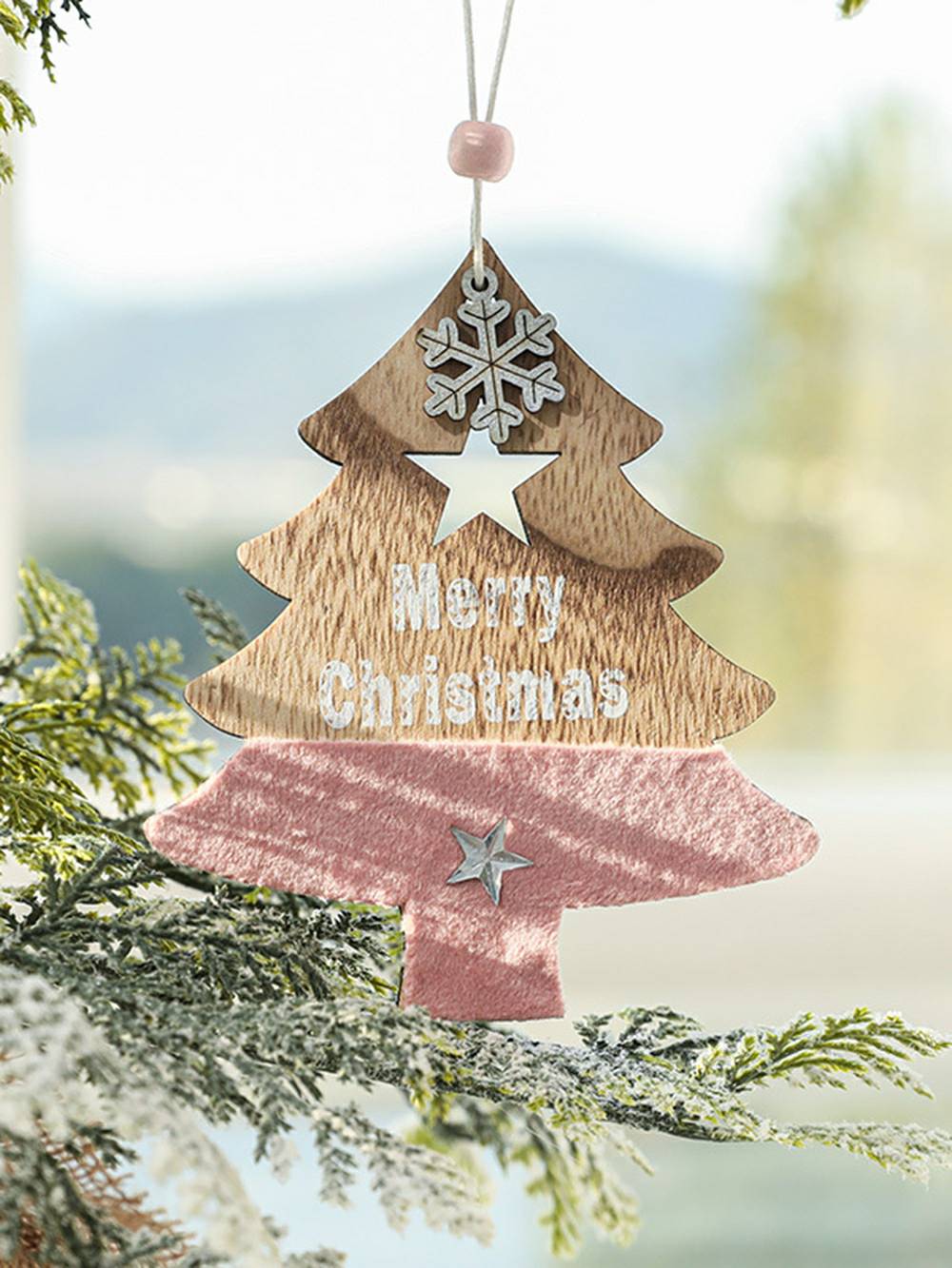 Pink træ rensdyr og femtakket stjerne hængende ornament
