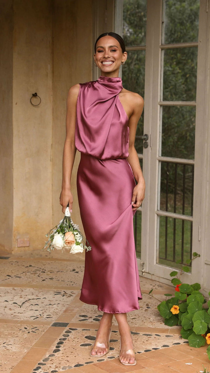 Curve Satin Ruched Halter Neck Maxikjole I Orchid