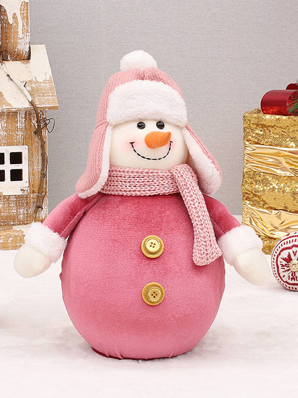 Gorro de punto de tela rosa, muñeco de nieve, juguete de peluche, decoración navideña