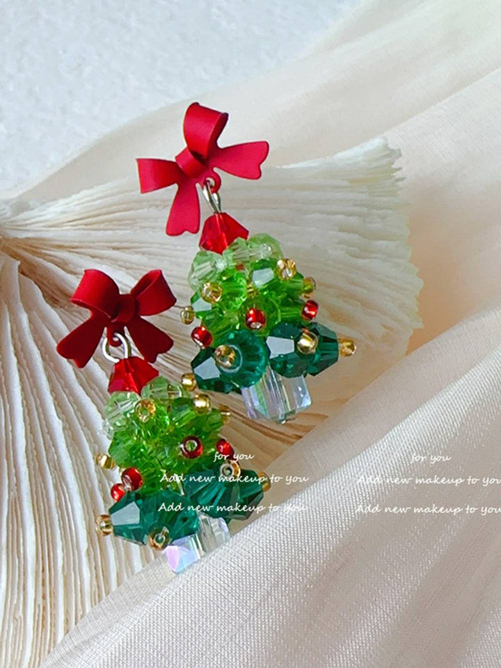 손으로 만든 파란색 크리스마스 트리 크리스탈 귀걸이