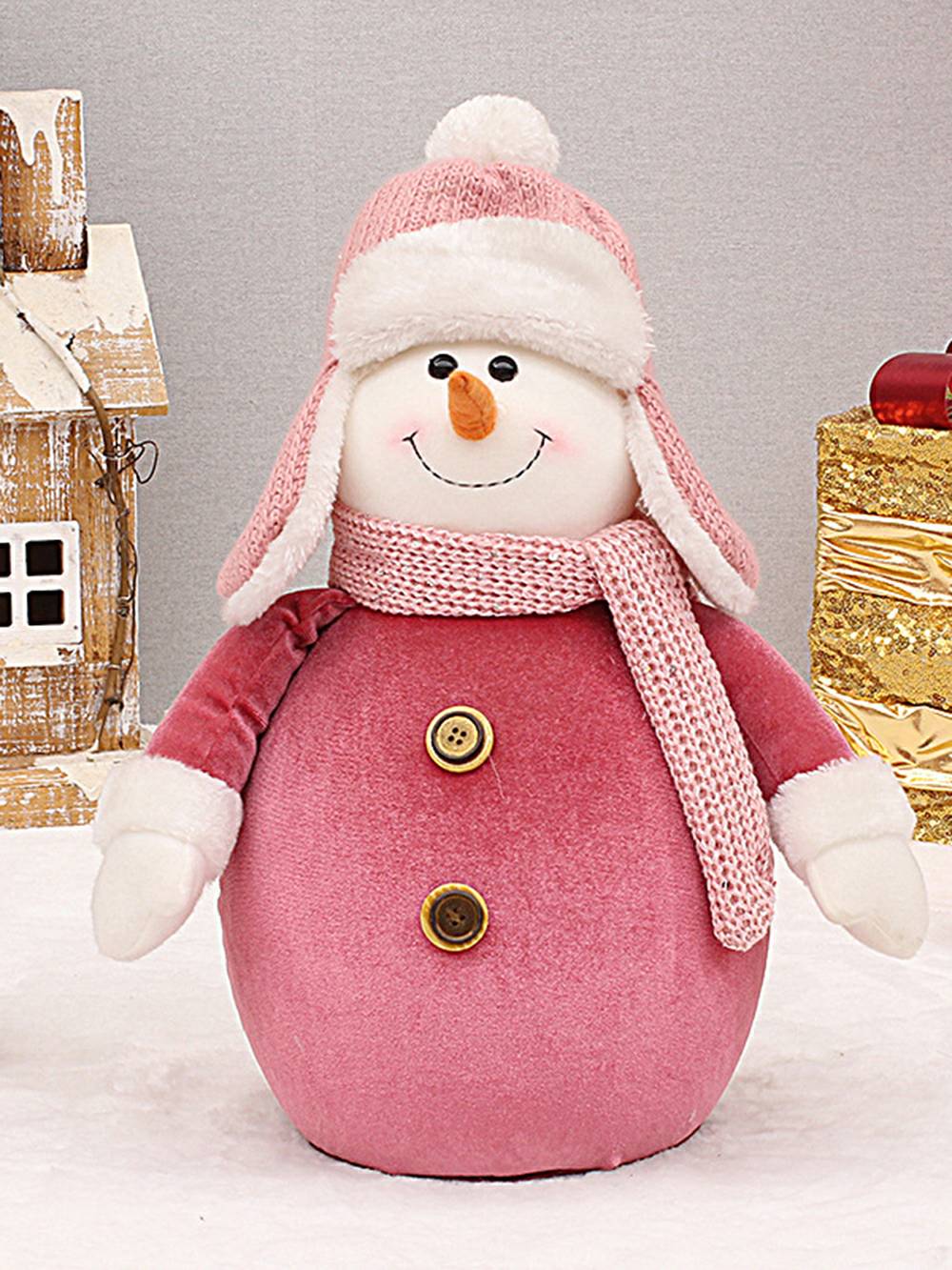 핑크 패브릭 니트 모자 눈사람 플러시 장난감 크리스마스 장식