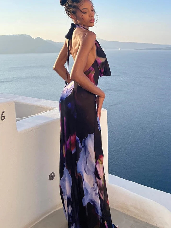 Robe longue sexy en maille à imprimé floral et col licou avec dos bas