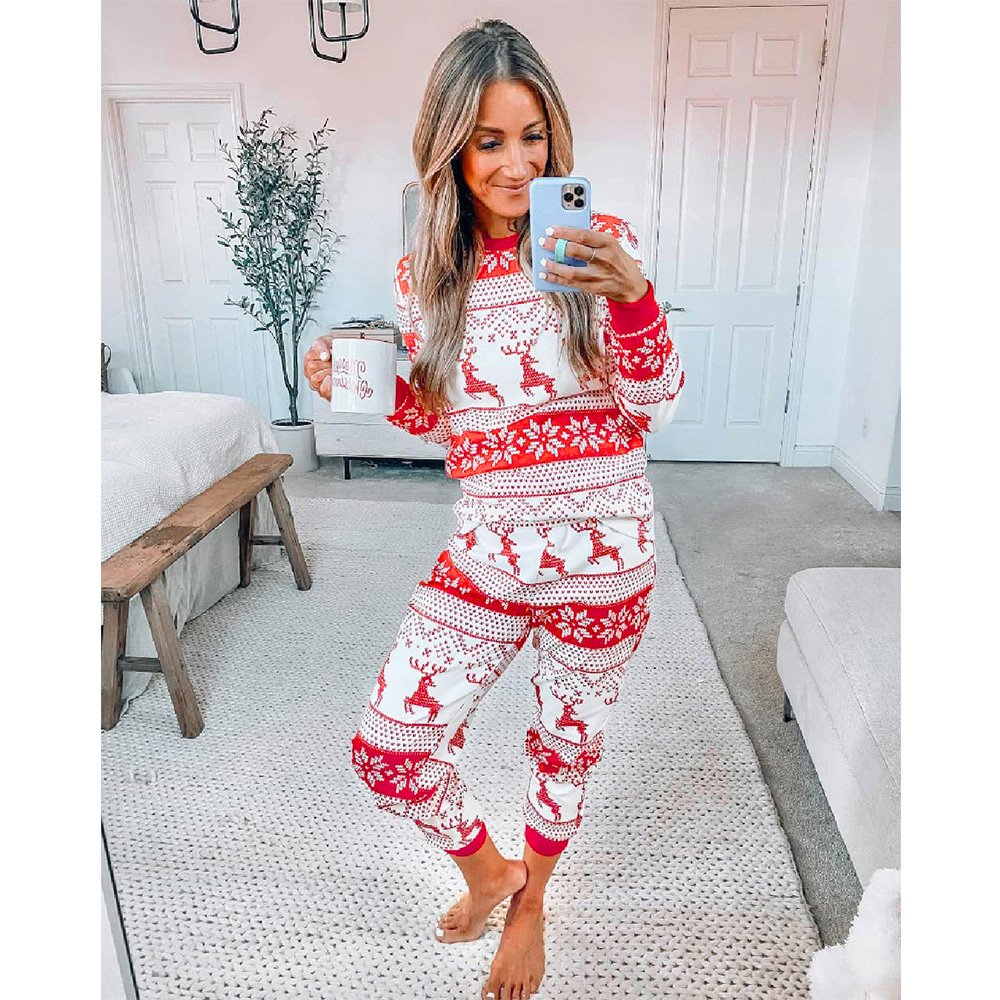Ensemble de pyjama familial de Noël à coutures imprimées de rennes rouges