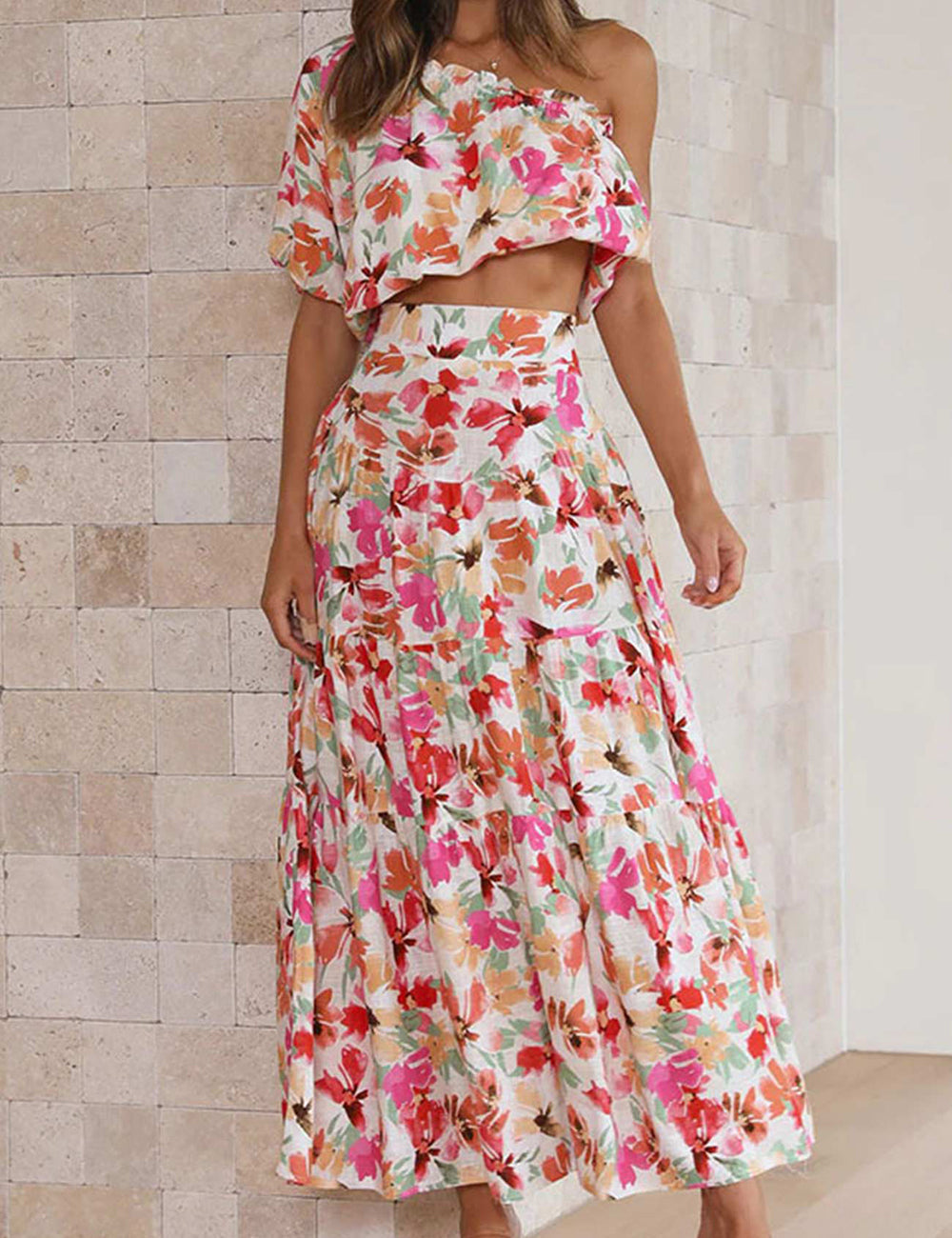 Bloemenprint Crop Top met één schouder en gelaagde rokpakken