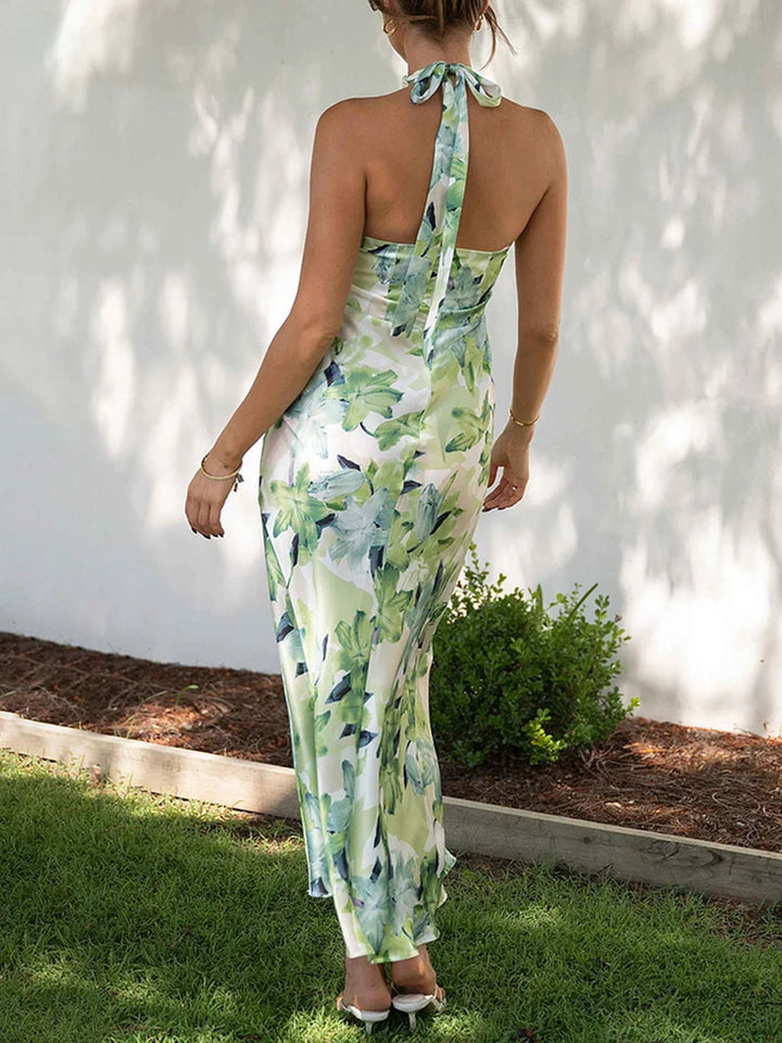 Floral Print Halter Backless Flowy Vacation Maxi Dresses