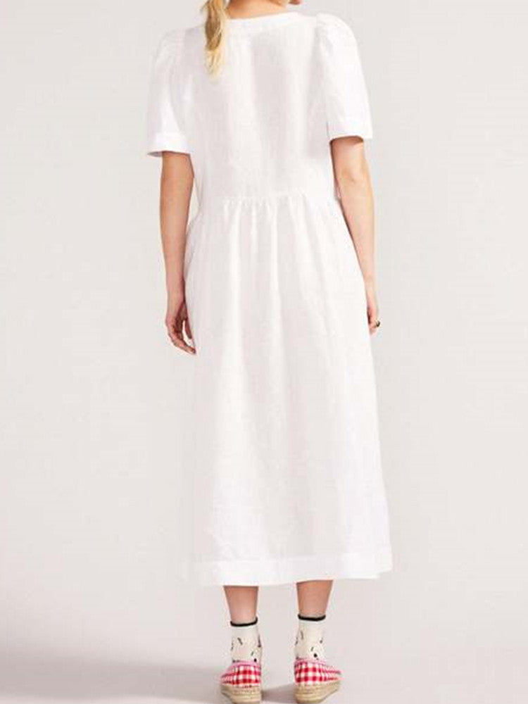 Linnen midi-jurk met V-hals, knoopsluiting en zak in wit