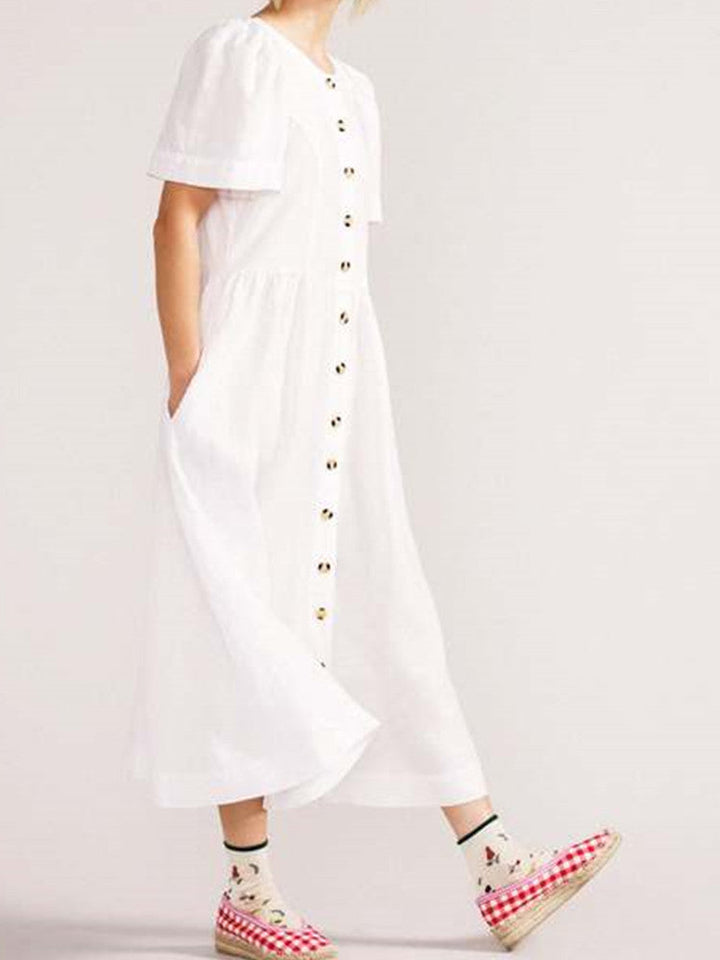 Linnen midi-jurk met V-hals, knoopsluiting en zak in wit