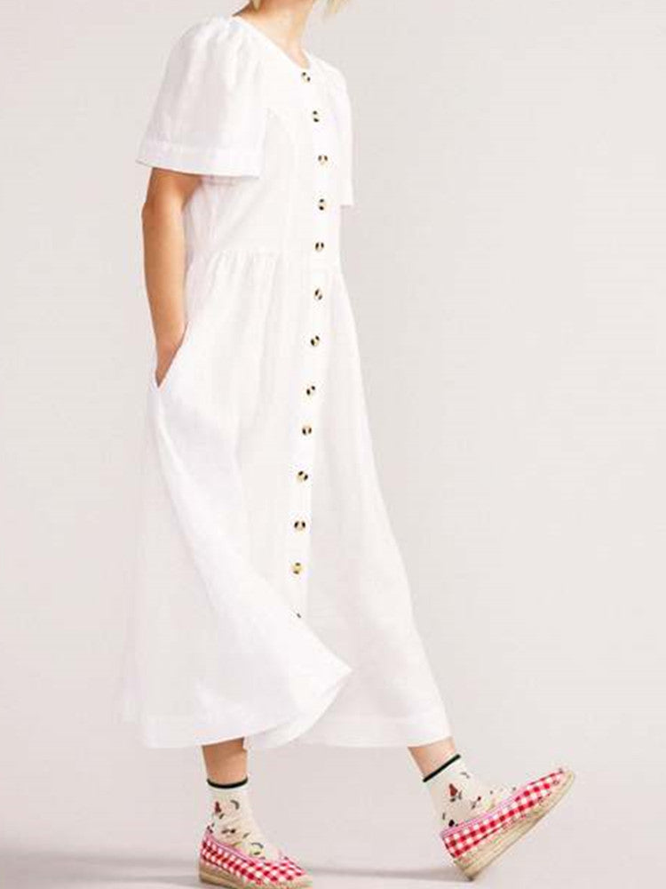 Lniana sukienka midi zapinana na guziki z dekoltem w szpic i kieszenią w kolorze białym