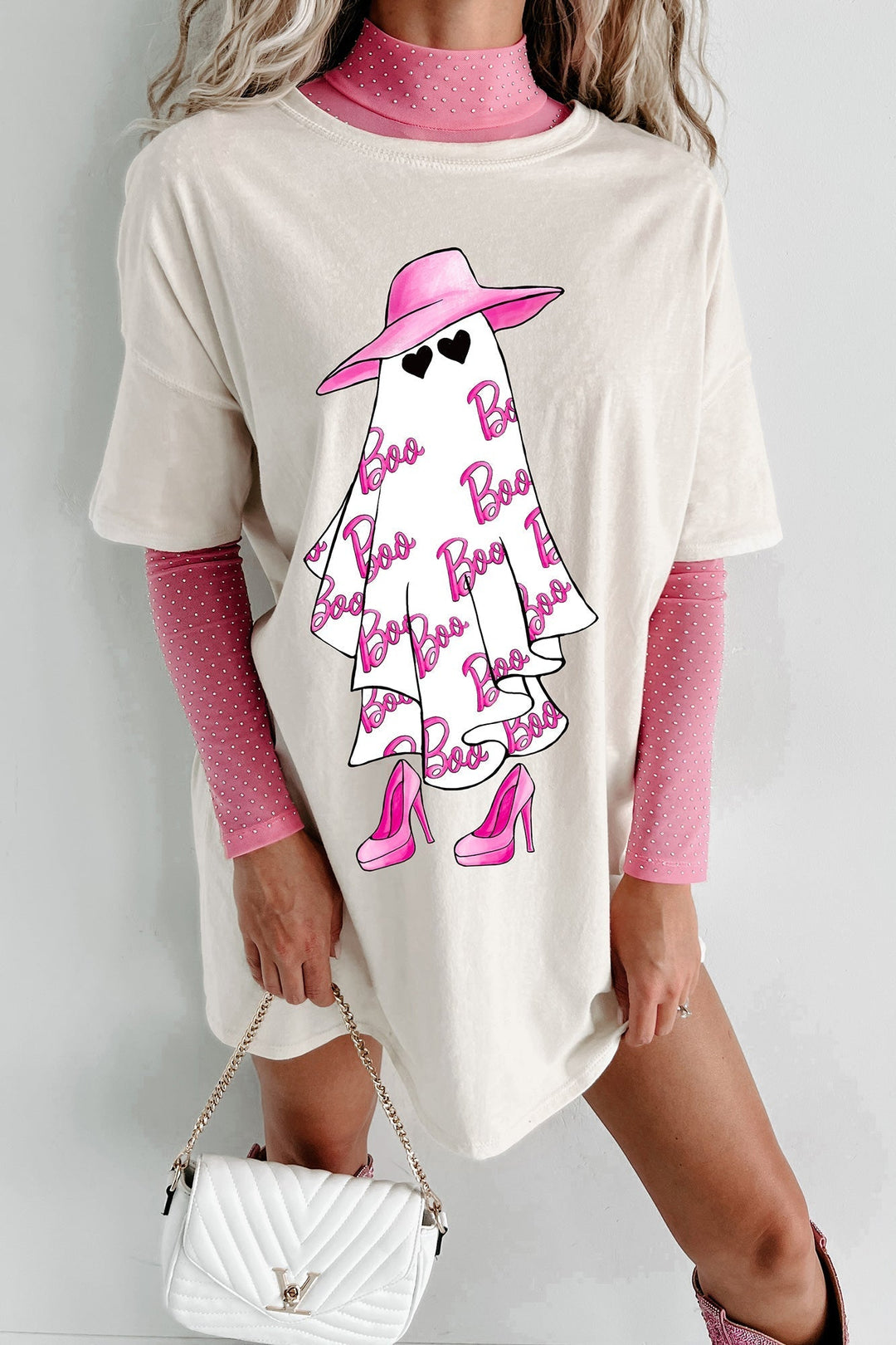 Dziewczęca sukienka t-shirtowa oversize Ghost z grafiką (waniliowa)