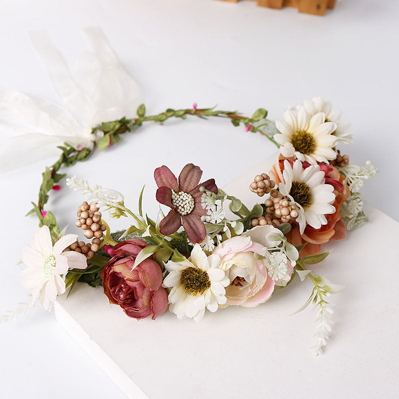 Coroa de flores de noiva - Margarida e rosas sépia vermelho ferrugem
