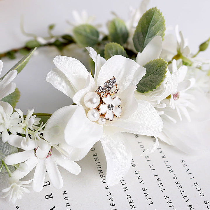 Corona de flores nupciales - Margarita de diamantes de imitación de perlas blancas