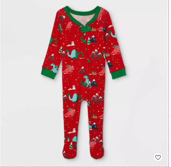 Conjuntos de pijamas combinando para a família com padrão de dinossauro vermelho fofo
