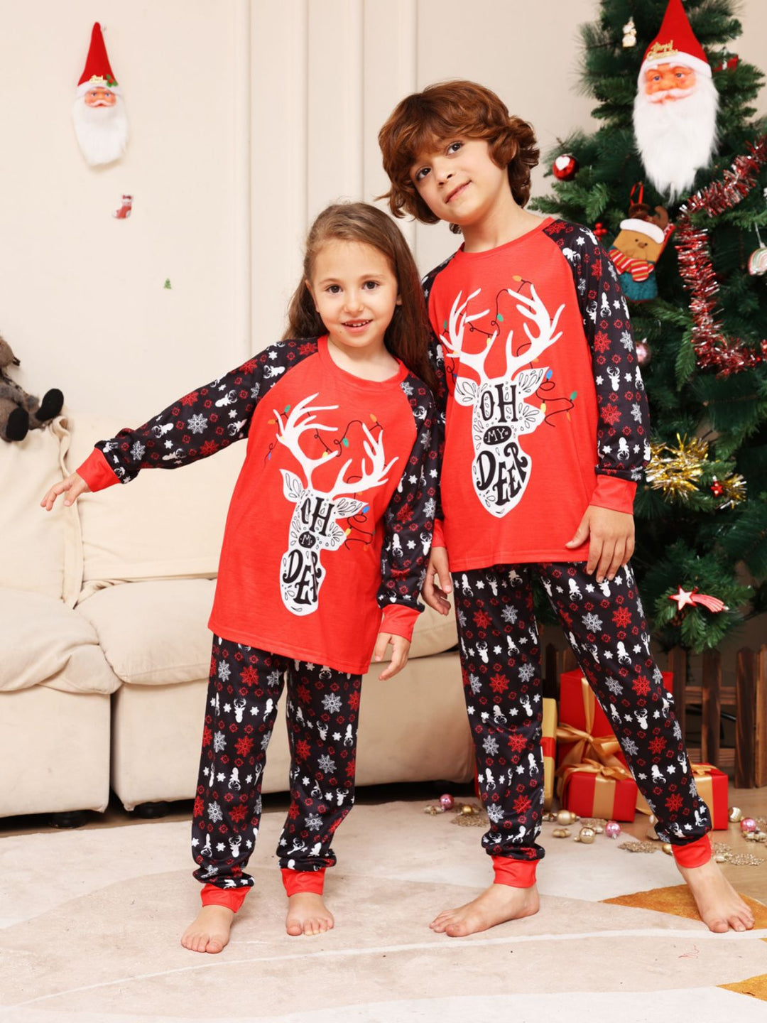 Röd jul snöhjort familjematchande pyjamasset (med husdjurs hundkläder)