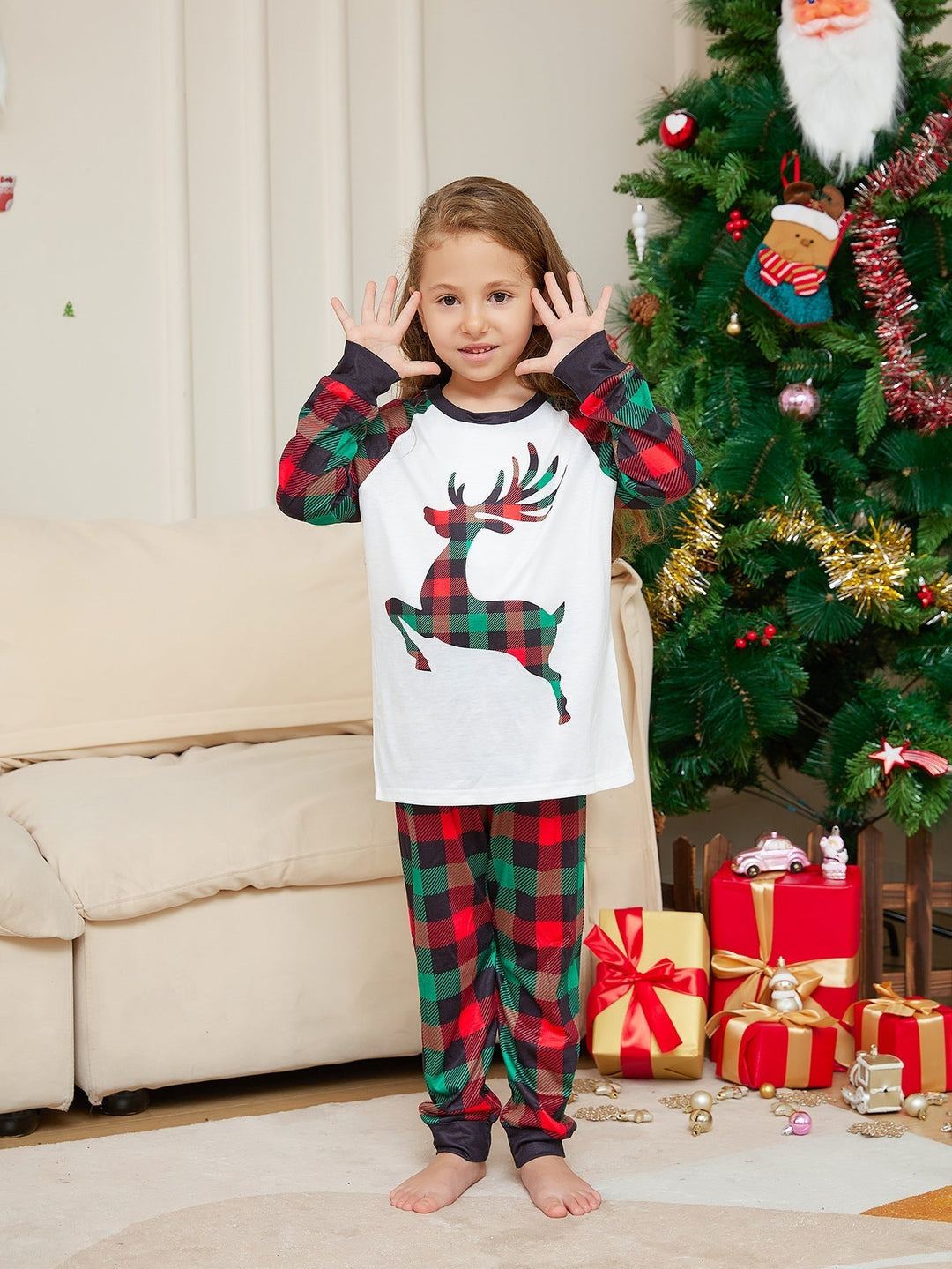 Vánoční sady pyžama s kostkovaným jelenem Fmalily (s domácími mazlíčky)