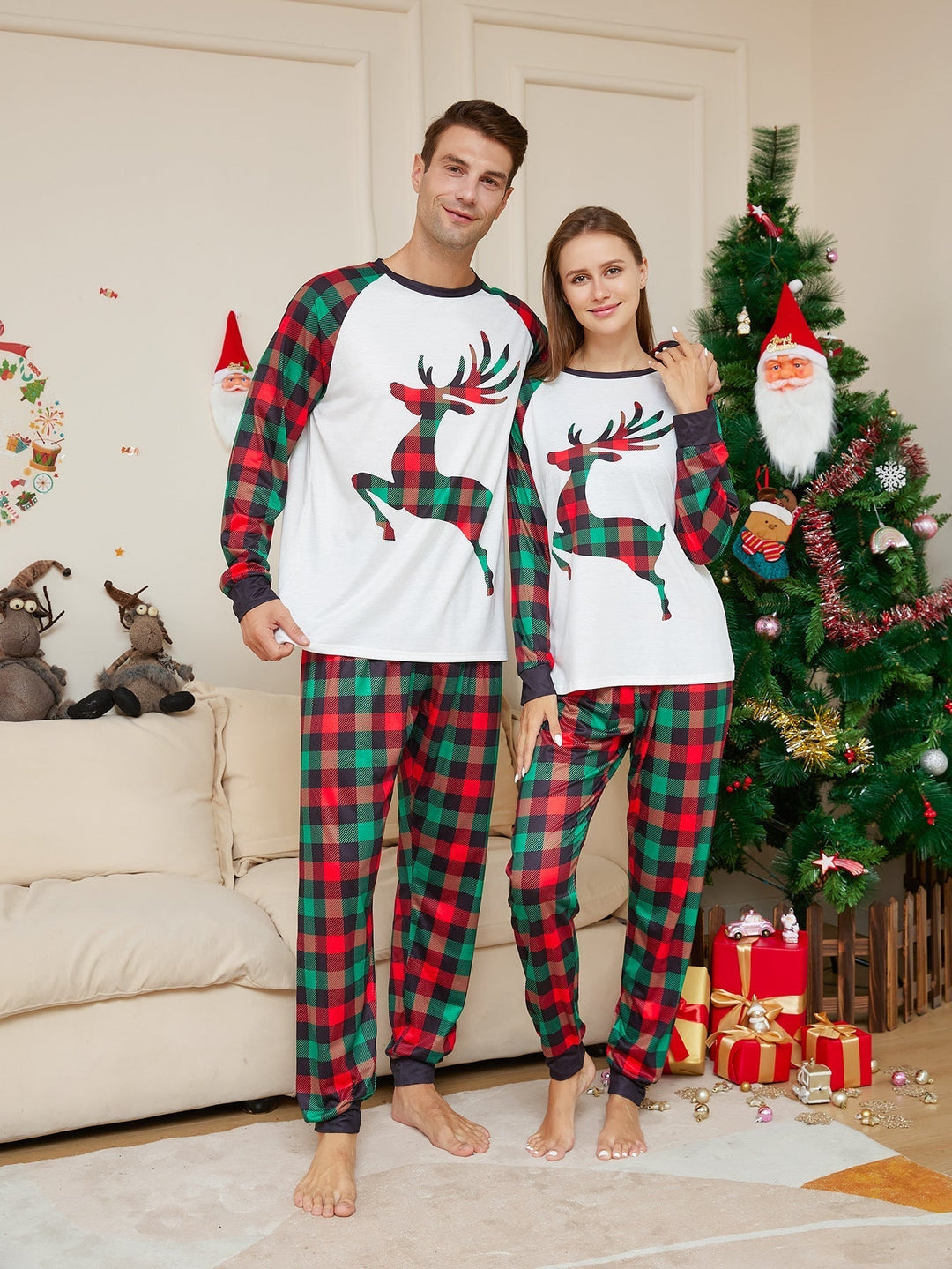 Vánoční sady pyžama s kostkovaným jelenem Fmalily (s domácími mazlíčky)