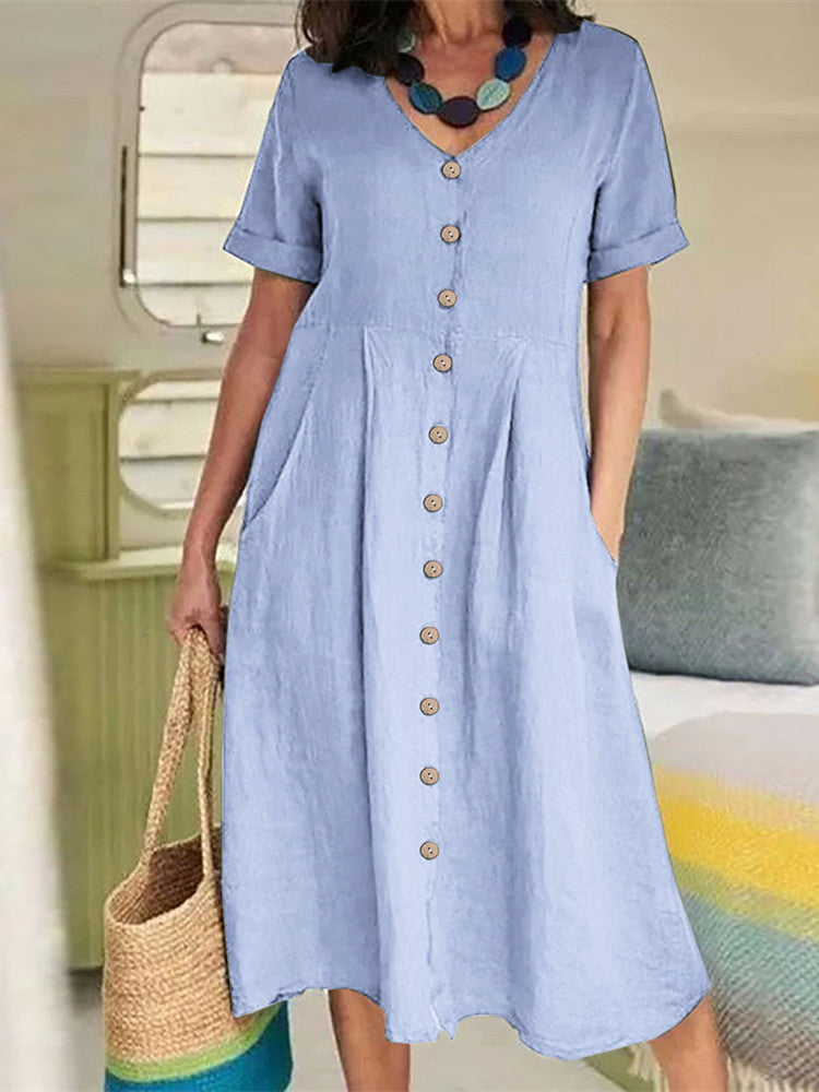 Midi-jurk van linnen met V-hals, knoopsluiting en zak
