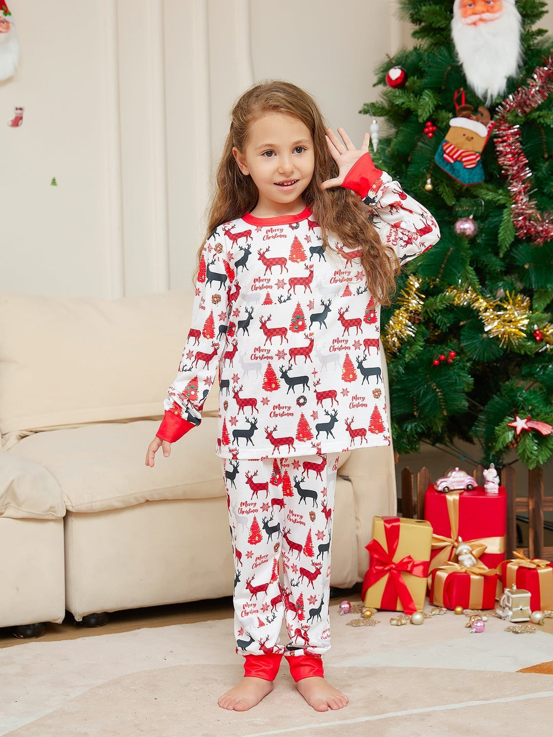 Conjuntos de pijamas familiares con estampado de ciervos navideños (con mascotas)
