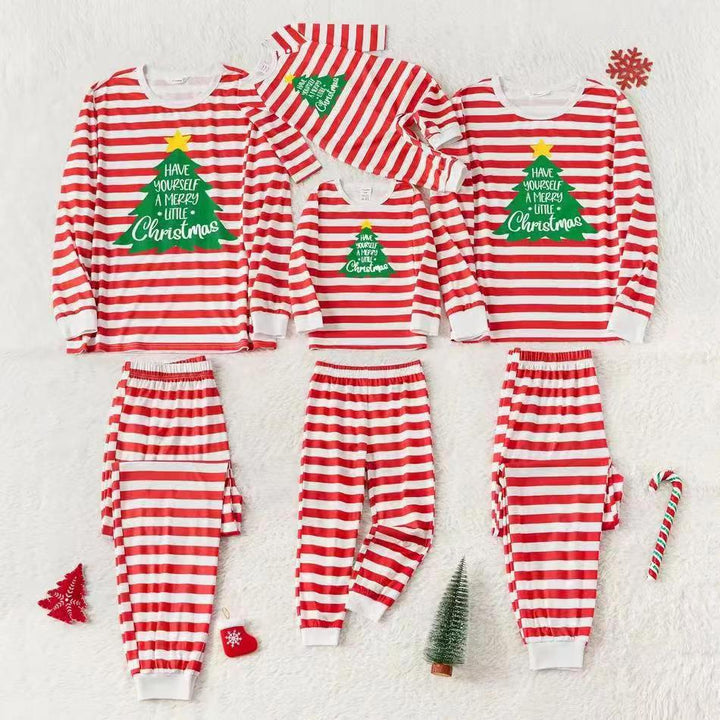 Ensembles de pyjamas assortis avec arbre de Noël à rayures rouges et blanches (avec vêtements pour chien de l'animal)