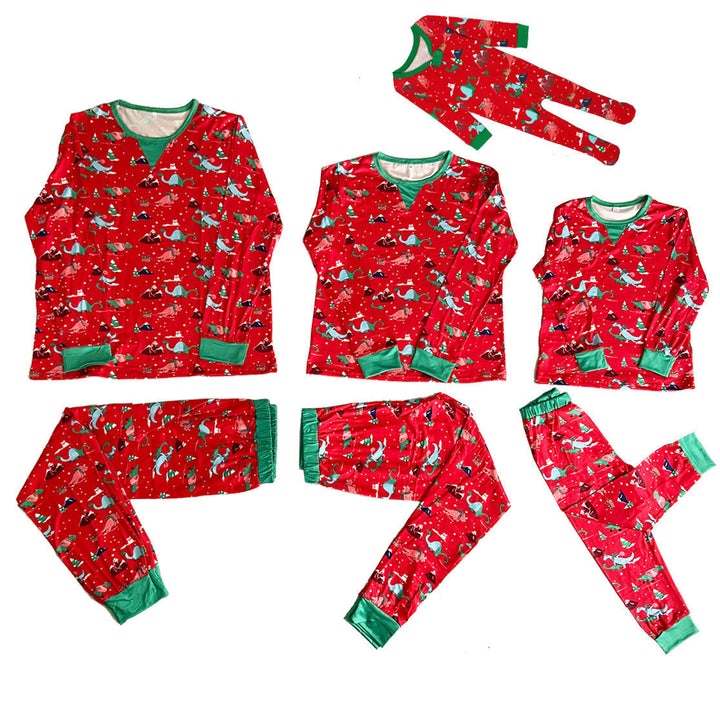 Rode schattige bijpassende pyjamasets met dinosauruspatroon