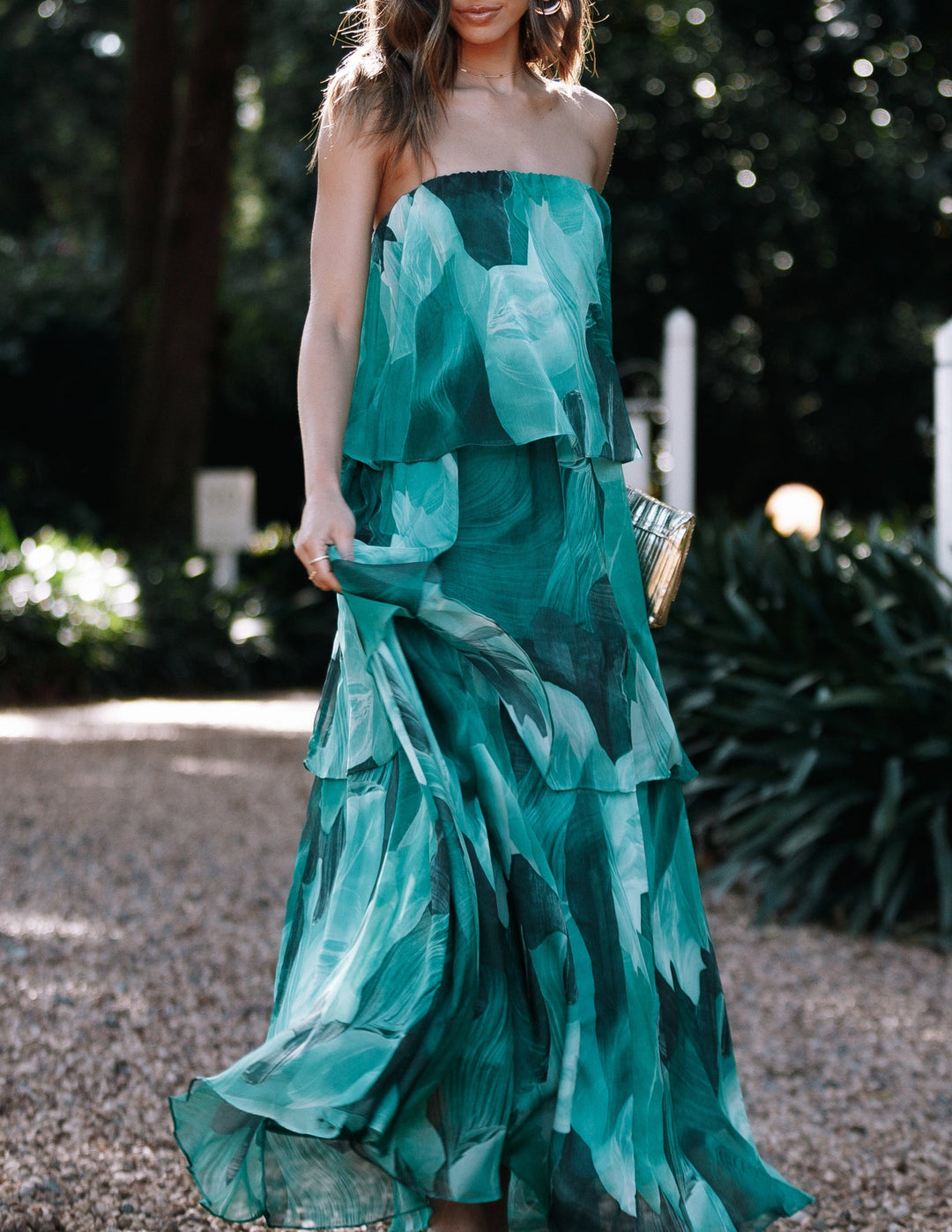 Μάξι φόρεμα Calista Green Bloom Στράπλες