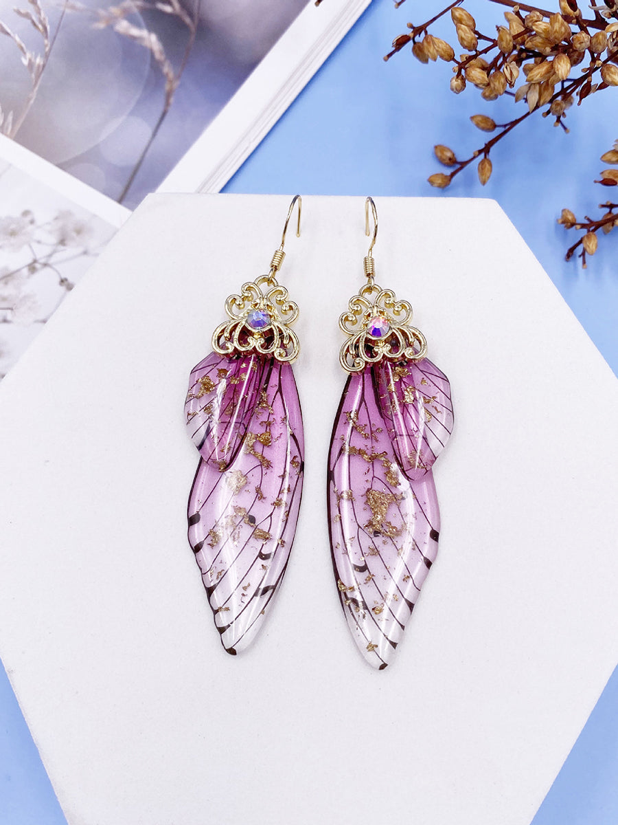 Boucles d'oreilles en cristal d'aile de cigale en strass rose, aile de papillon