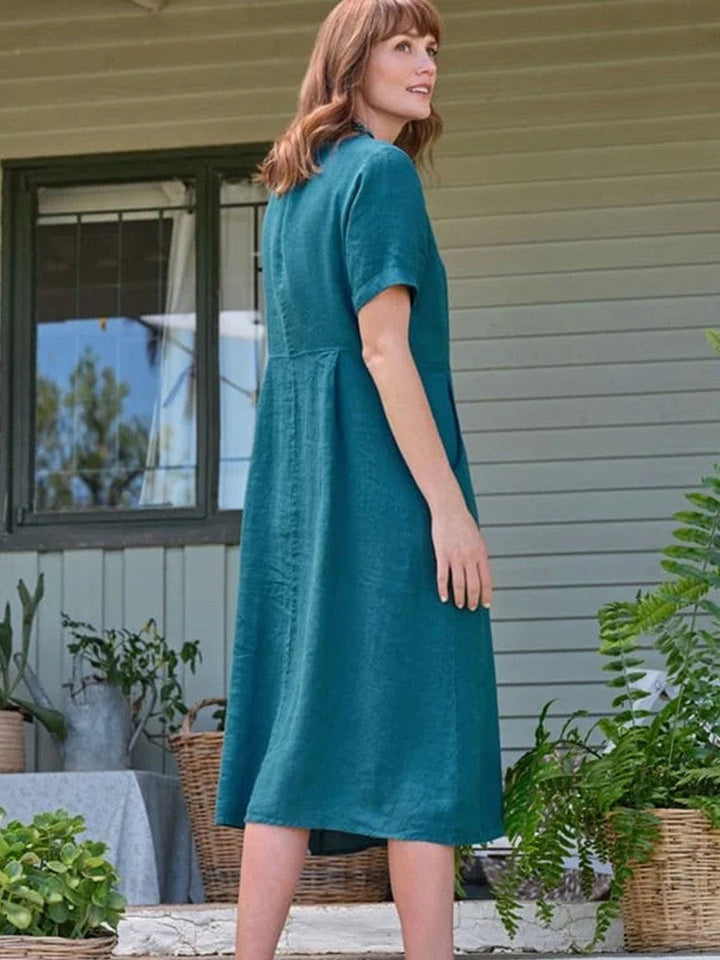 Linnen midi-jurk met knoopsluiting, V-hals en zak in maanlichtgroenblauw