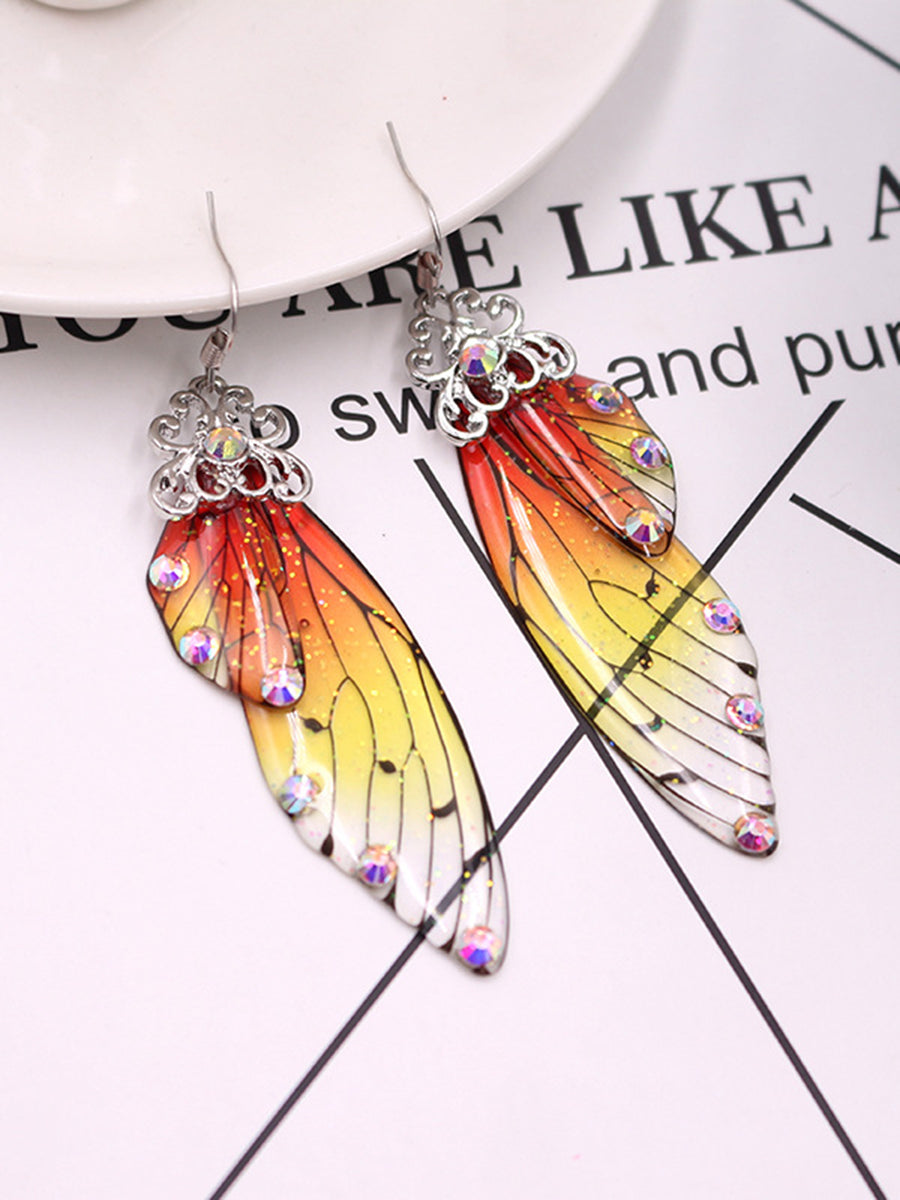 Pendientes de cristal de ala de cigarra con diamantes de imitación amarillos con ala de mariposa