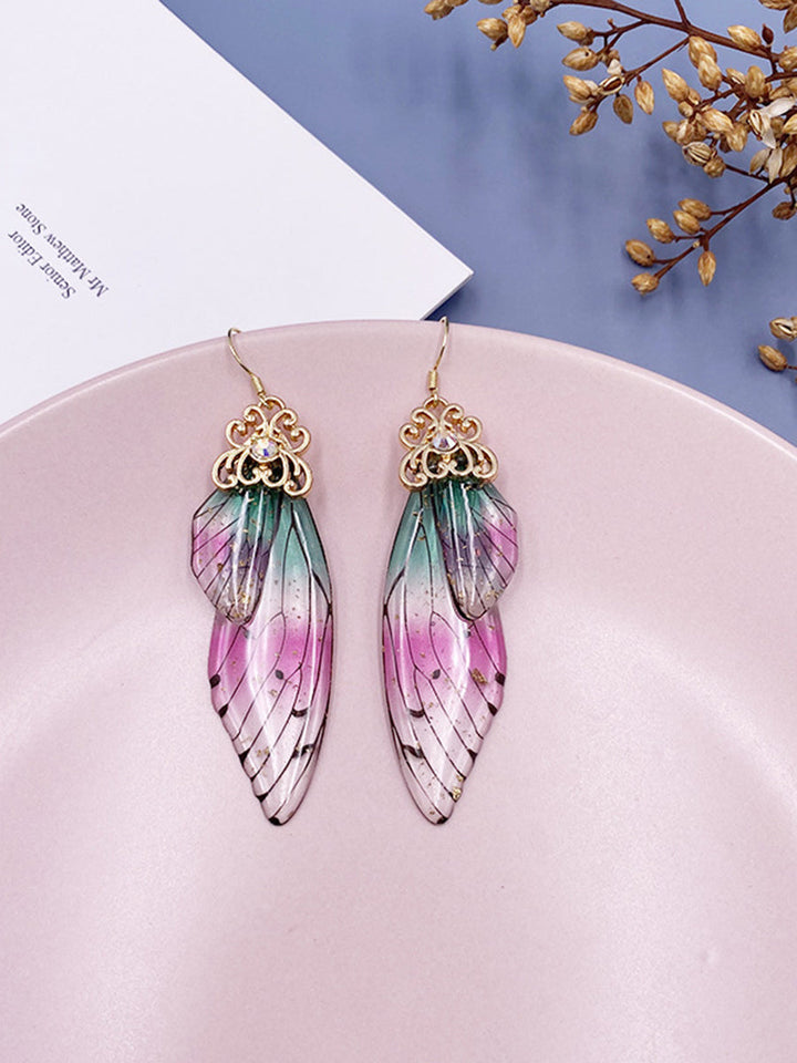 Boucles d'oreilles en cristal d'aile de cigale en strass irisé, aile de papillon