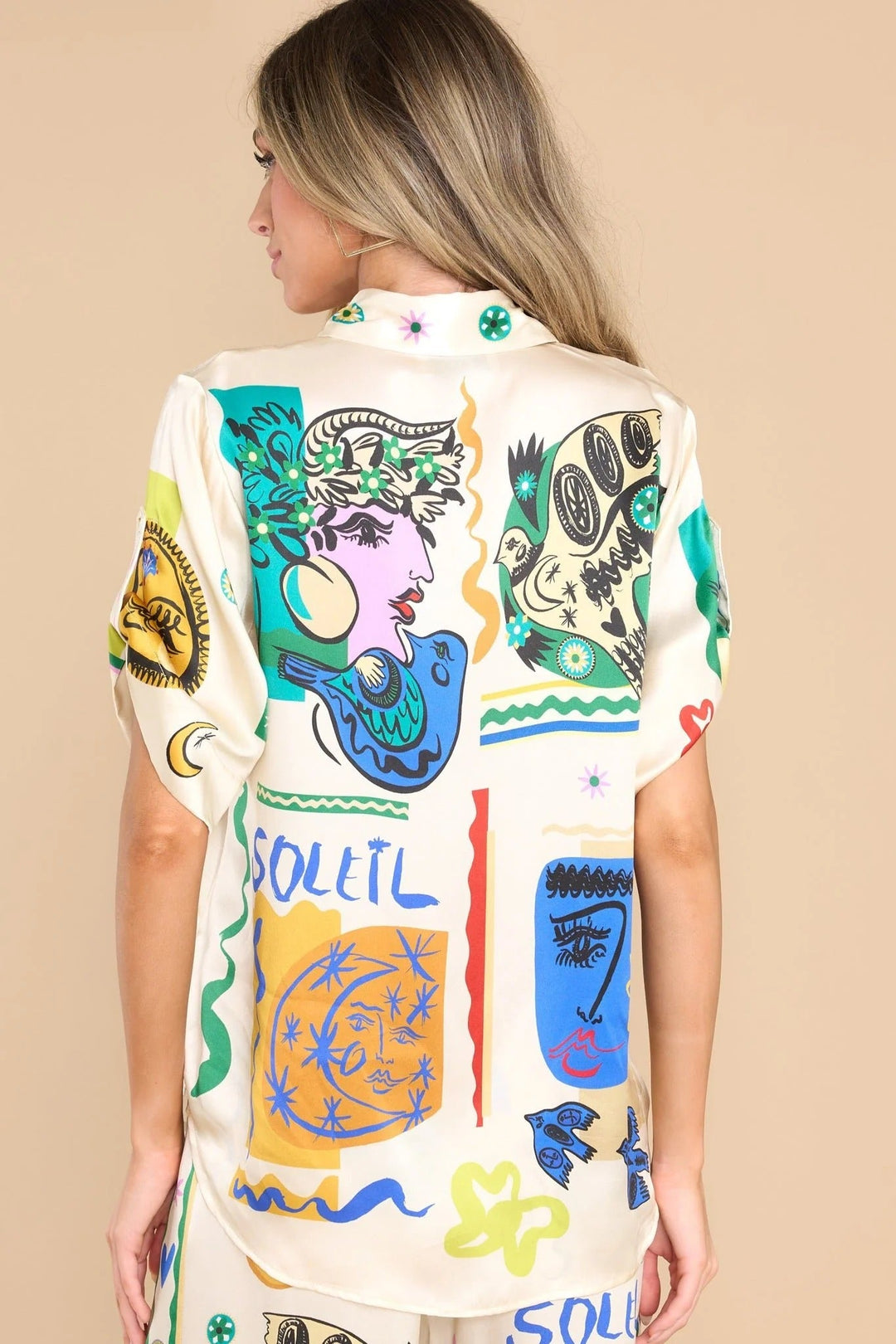 Oversized shirt-broekenset met ivoorkleurige print