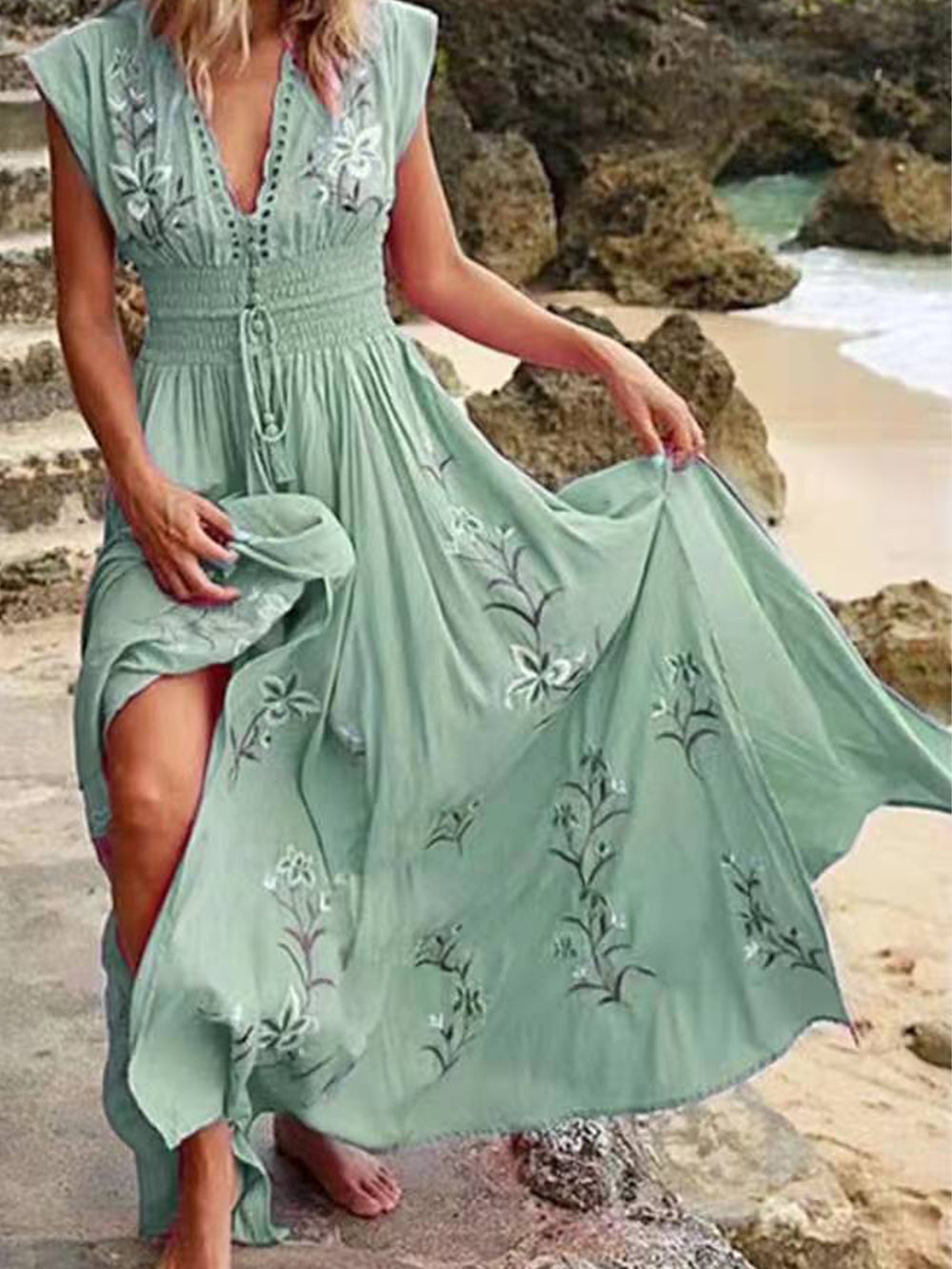 Φόρεμα με V λαιμό γαλλική παραλία Boho print