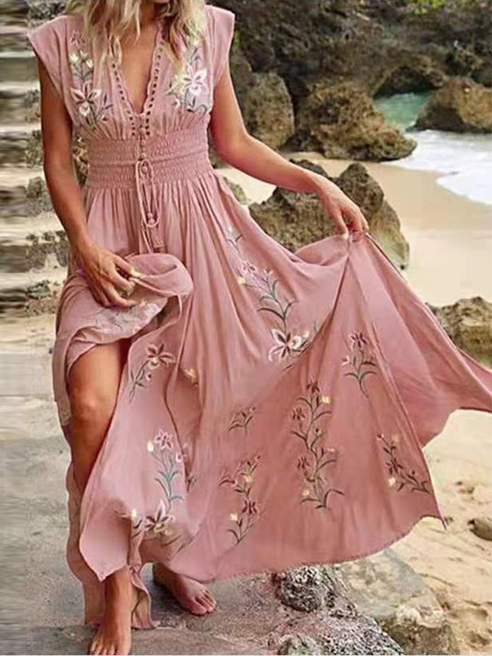 V-hals Franse strand Boho print jurk