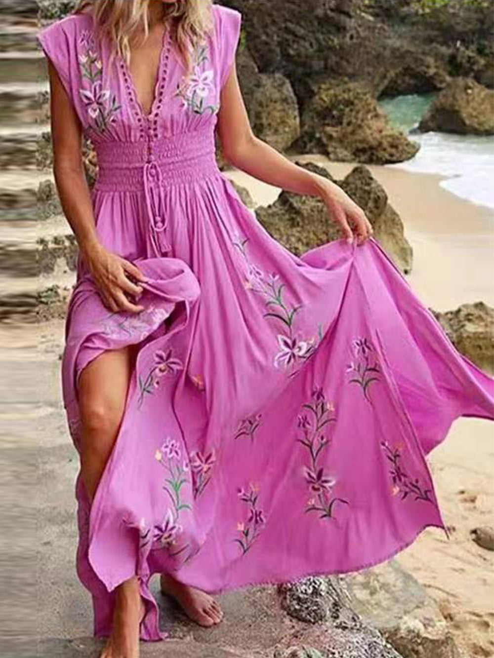 Φόρεμα με V λαιμό γαλλική παραλία Boho print