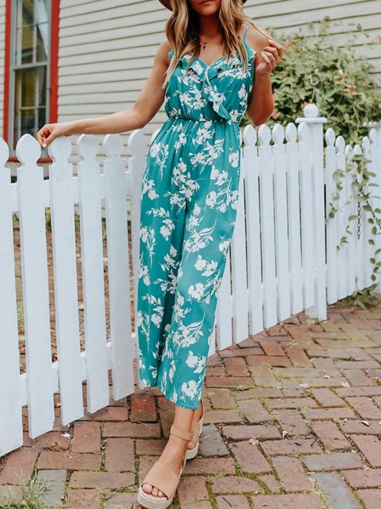 Perfekt floral ermeløs jumpsuit med vidde ben