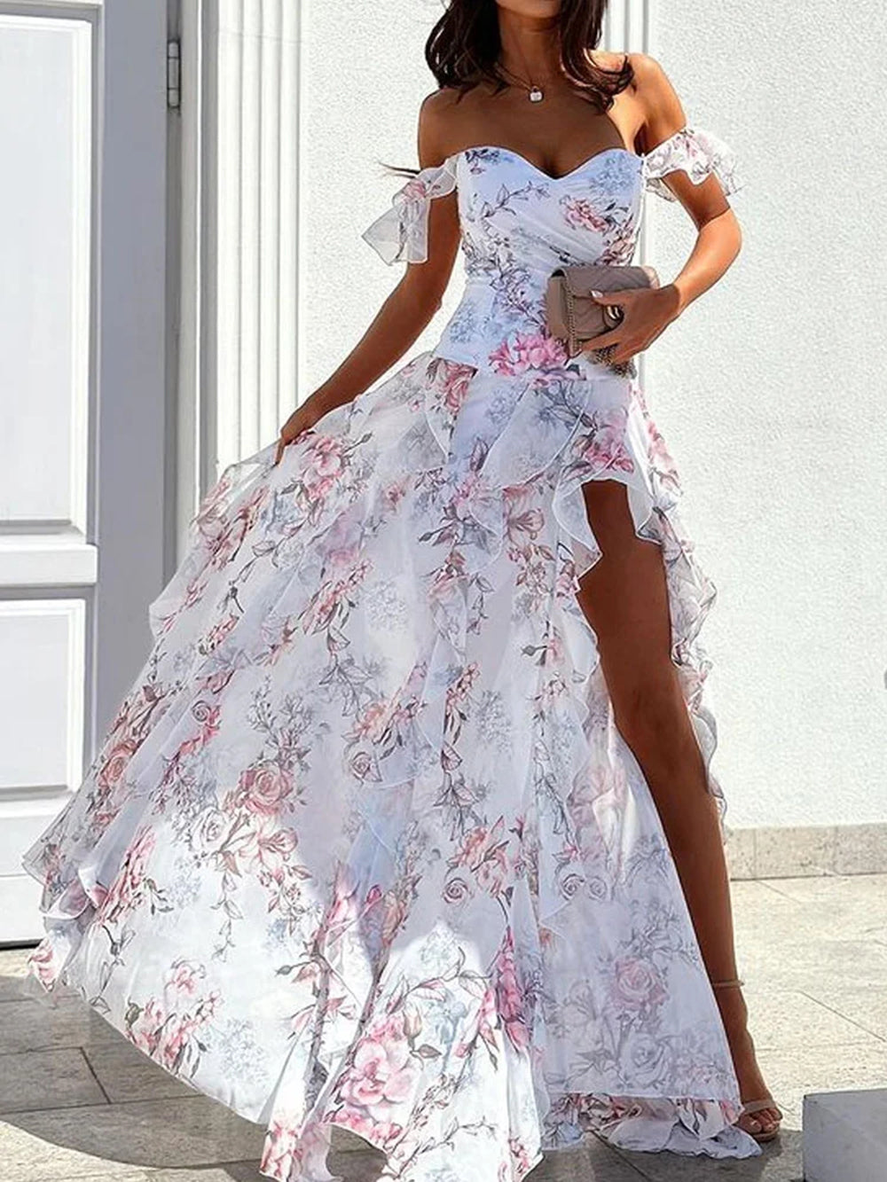 Elegantní šaty s potiskem na jednom rameni