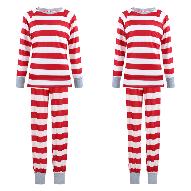 Vánoční červená a bílá pruhovaná rodinná pyžamová souprava (s oblečky pro psy)