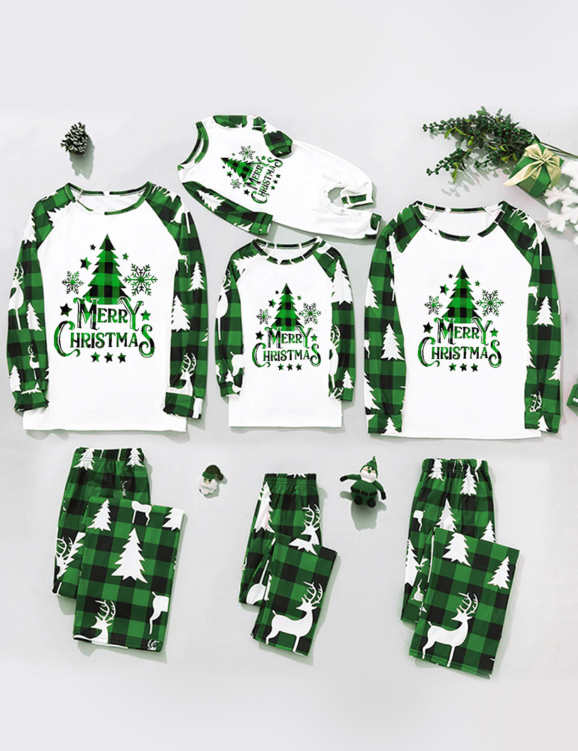 Conjuntos de pijamas xadrez verde com padrão de árvore de Natal para a família (com roupas de cachorro para animais de estimação)